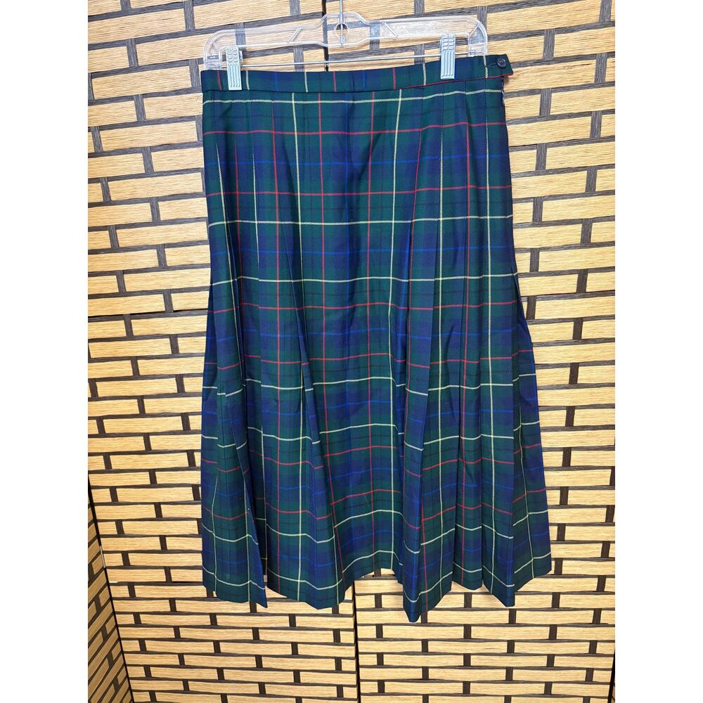 Pendleton Green And Blue Plaid Pleated Knee Length 100% Virgin Wool Skirt Size 8